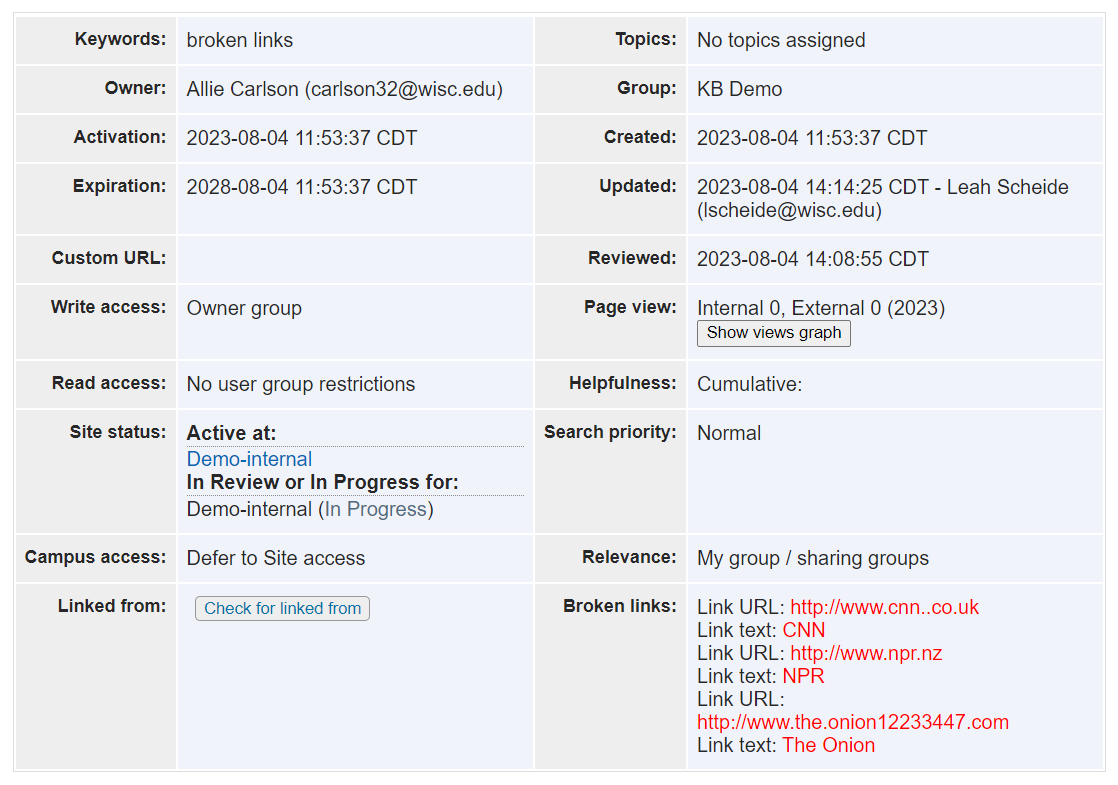 The broken links section of the KB Document Summary table has three broken links.