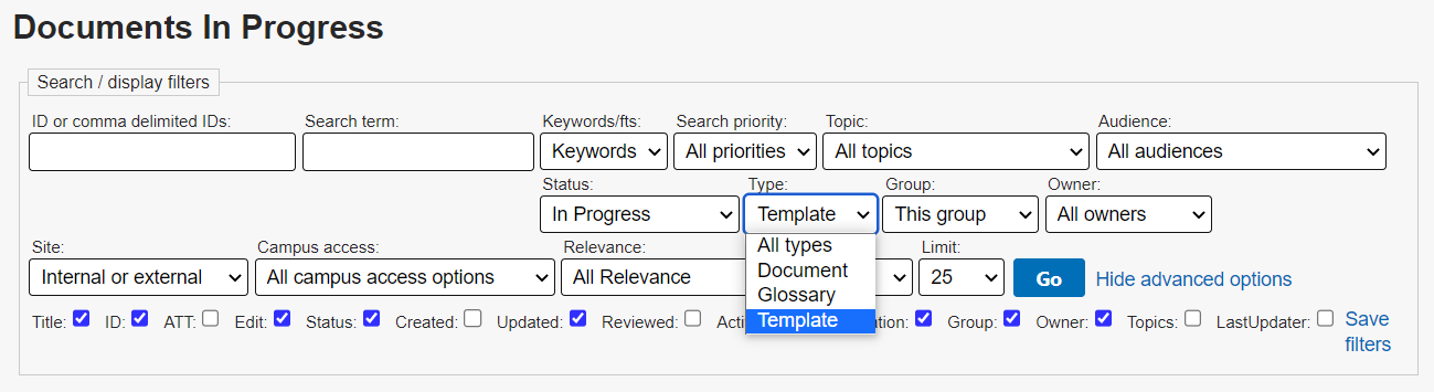 The Search / display filters portion of the Documents In Progress page. The Type dropdown is open and Template is highlighted.