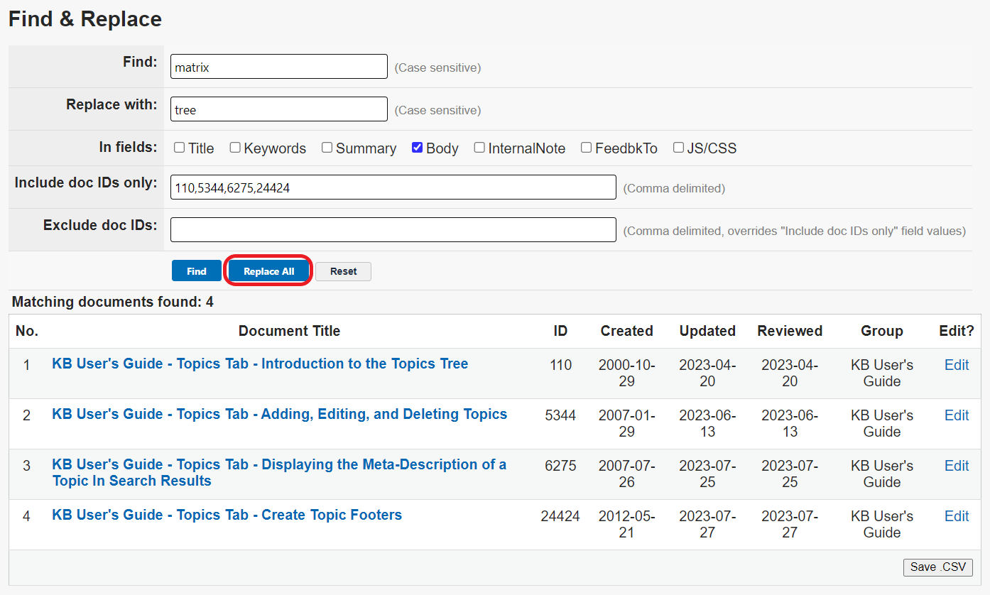 "matrix" is in the Find field and "tree" is in the Replace with field. The body checkbox is enabled. Four document IDs are listed in the Include doc IDs only field. Four documents appear in the results table. The Replace all button is circled in red.