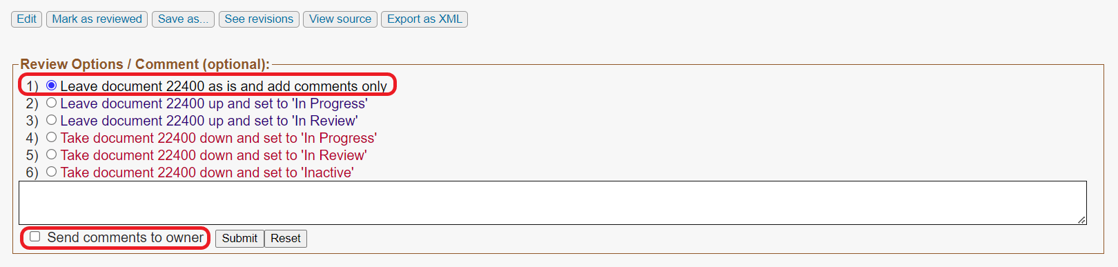 The Review Options / Comments section of a document. The first option Leave document as is and add comments only is selected and circled in red. At the bottom the Send comments to owner checkbox is circled in red.