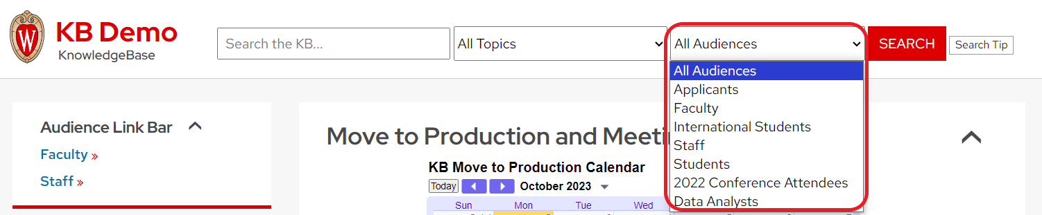 KnowledgeBase audiences drop down list expanded