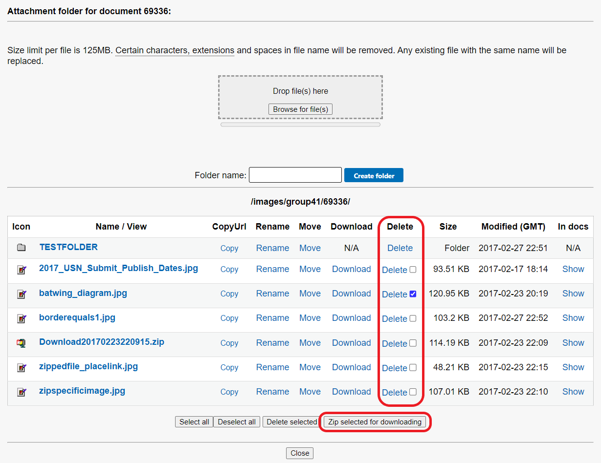 The attachment folder page. The Delete checkbox column is circled in red. The Zip selected for downloading button at the bottom is circled in red.